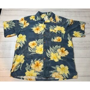 Banana Cabana Floral Buttondown 100% Silk Mens Large Blue Hawaiian Vacation